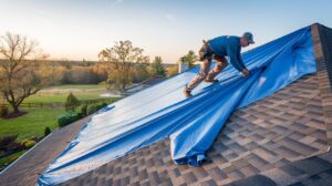 roofer installing roof tarp