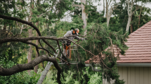 safely on the ground trimming back overhanging tree limbs that could potentially fall onto a roof. 