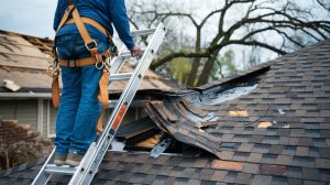  a contractor inspecting a roof with storm damage experience.