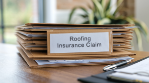 a stack of roofing insurance claim documents.