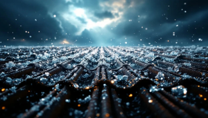 Close-up of stormy rooftop with hail and heavy rain falling, representing hailstorm damage risk.