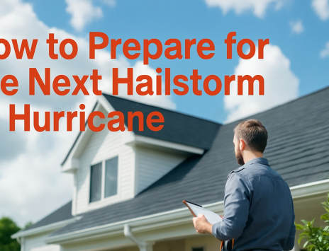 Homeowner inspecting roof before a storm with “How to Prepare for the Next Hailstorm or Hurricane” headline.