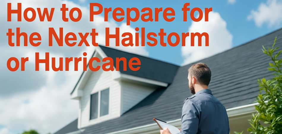 Homeowner inspecting roof before a storm with “How to Prepare for the Next Hailstorm or Hurricane” headline.