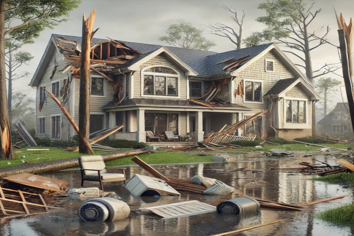 The scene shows a suburban-style home with parts of the roof torn off, broken windows, and scattered branches of trees