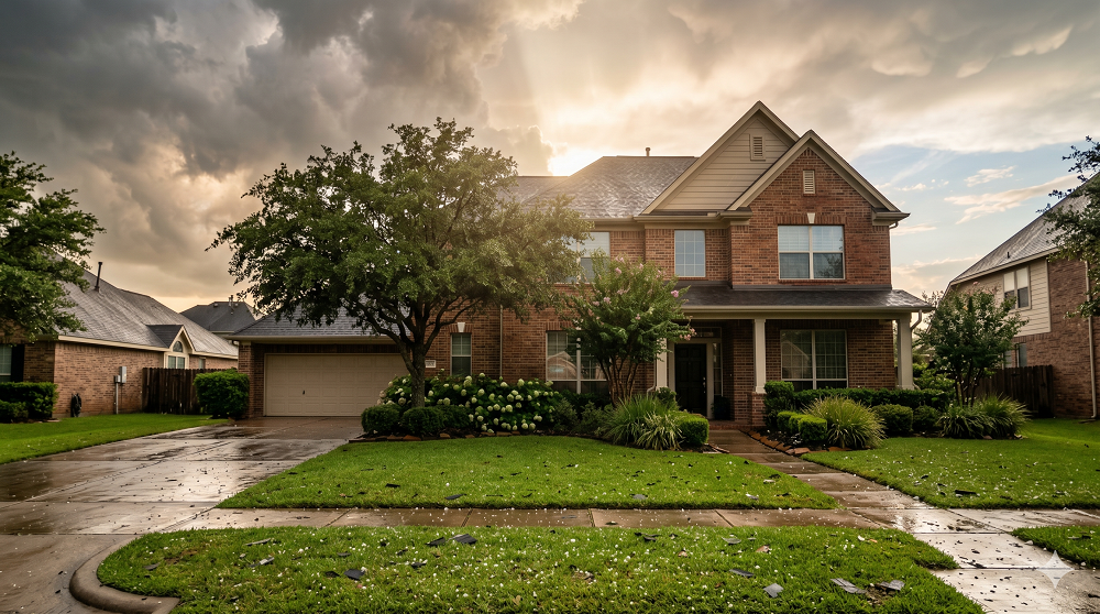 A two-story brick house with a manicured lawn and trees is shown at sunset after rain, with wet pavement and clouds in the sky.