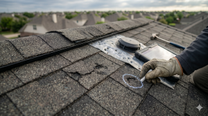 A person wearing gloves marks storm damage on asphalt roof shingles with chalk; tools and a tablet are nearby.