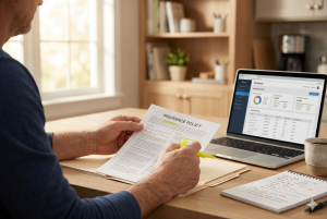 A person highlights text on an insurance policy document at a desk, with a laptop displaying financial data and a notepad nearby.