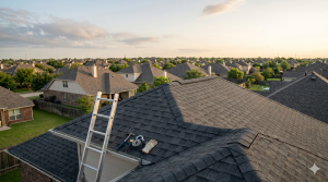 A ladder leans against a house roof with work gloves, a drill, and tape measure placed nearby; suburban homes and trees are visible in the background.