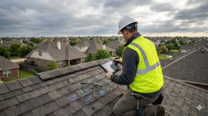 A construction worker in a safety vest and helmet inspects a rooftop, using a tablet, with chalk markings visible on the shingles in a suburban neighborhood.