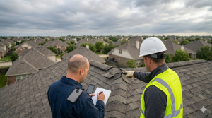 Two men inspect a residential roof; one wears a hard hat and safety vest and points, while the other takes notes on a clipboard. Suburban houses are visible in the background.