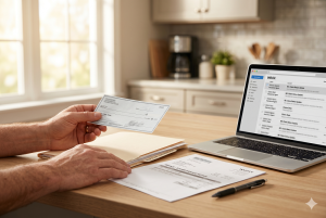 A person holds a check at a kitchen counter with documents and a laptop showing an email inbox in the background.