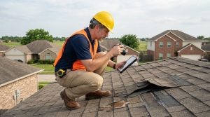 roofer inspecting damaged roof